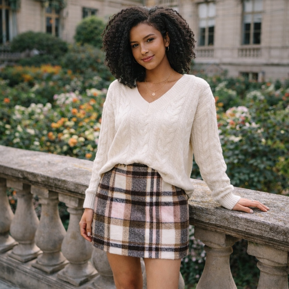 Plaid Women's Wool Blend Schoolgirl Clueless Academia Skirt Pink & Brown Size M